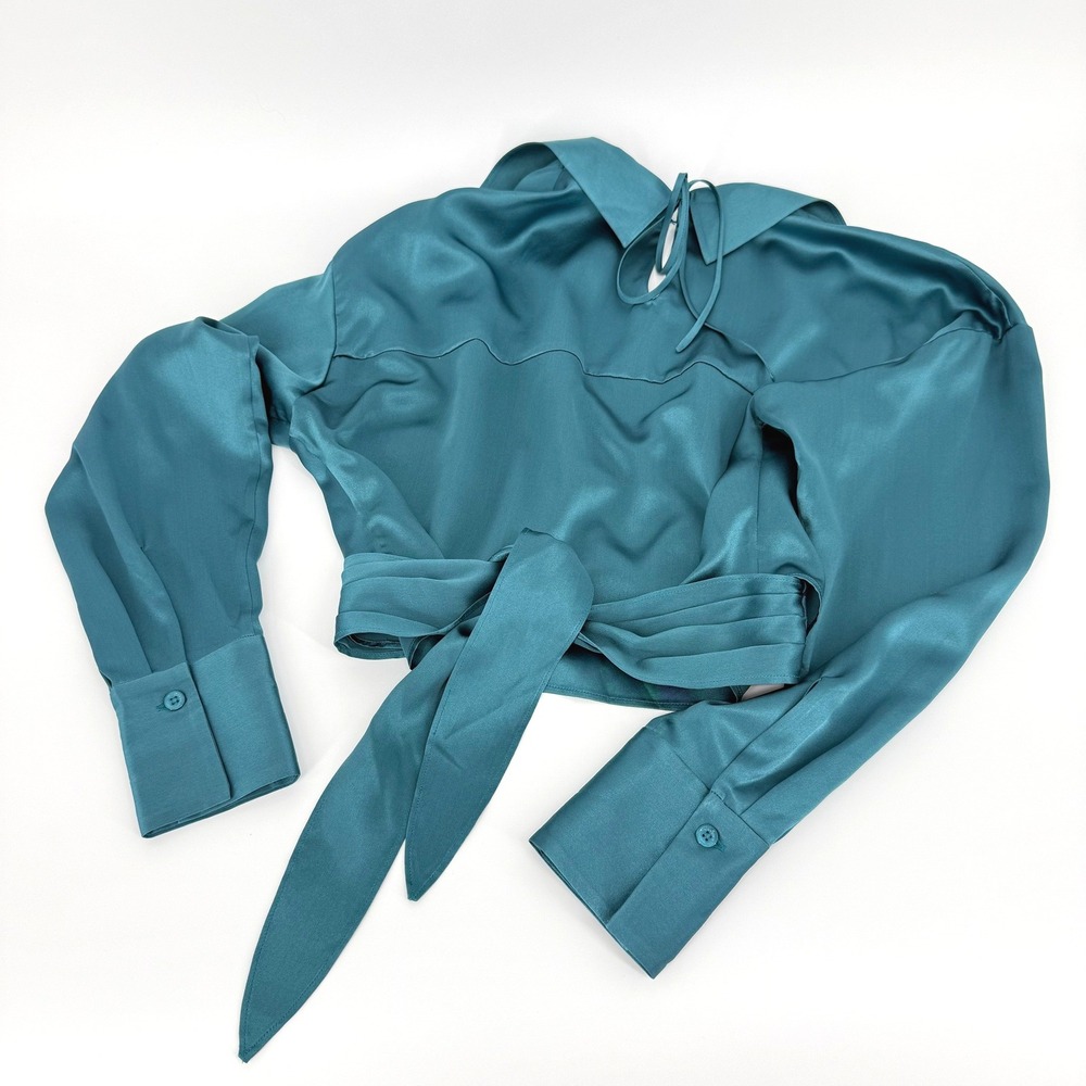 Lilysilk Mulberry Silk Wrapover Cropped Shirt Blouse Adriatic Blue Women Org$185 - Picture 5 of 12